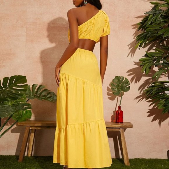 YELLOW PUFF SLEEVE ONE SHOULDER CUT OUT DETAIL MAXI DRESS SUMMER VACAY - Picture 6 of 8